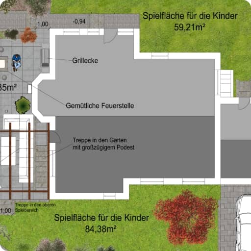 2D Gartenplanung mit Gebäude, Terasse und Garten